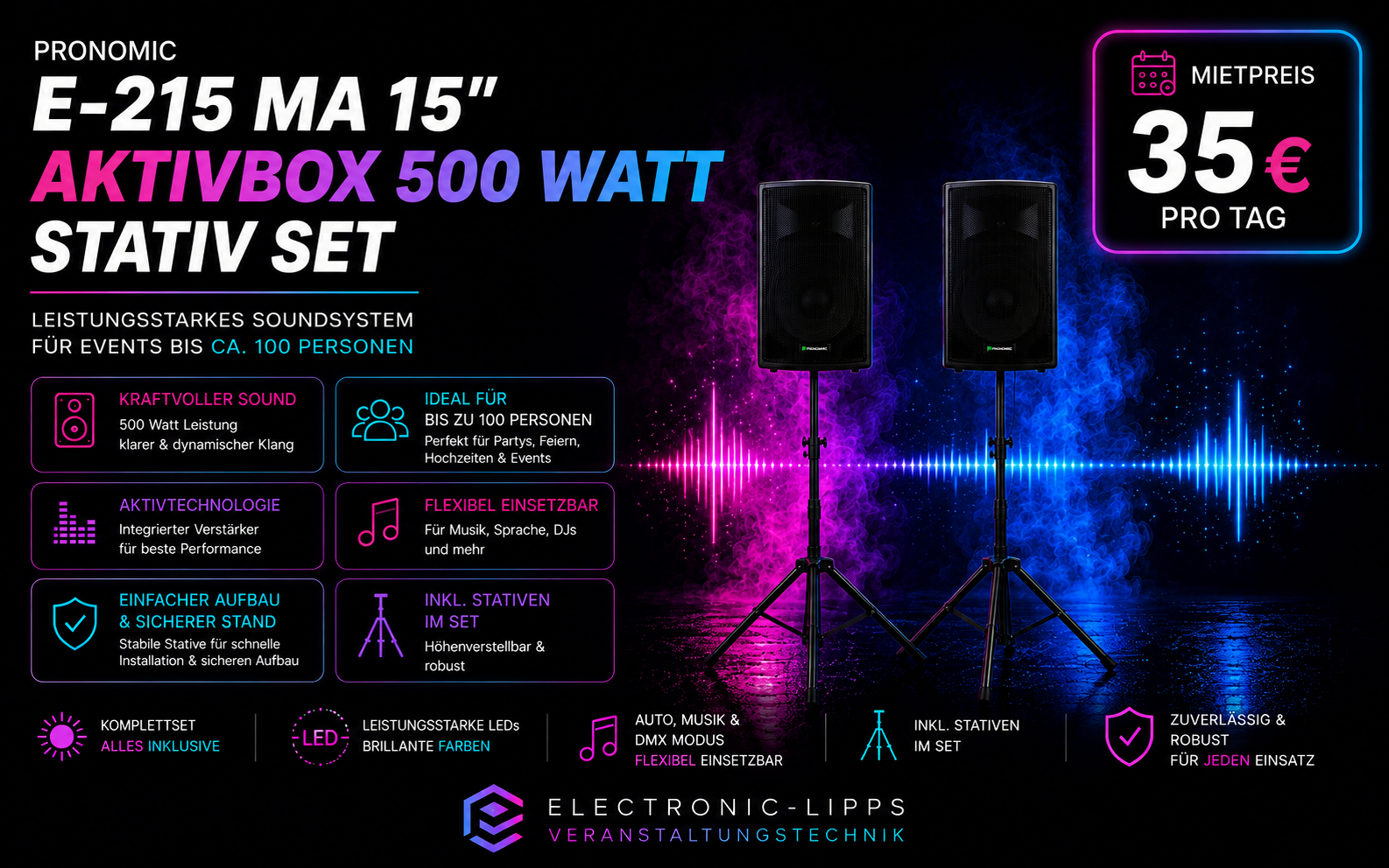 Pronomic E-215 MA 15" Aktivbox 500 Watt Stativ Set